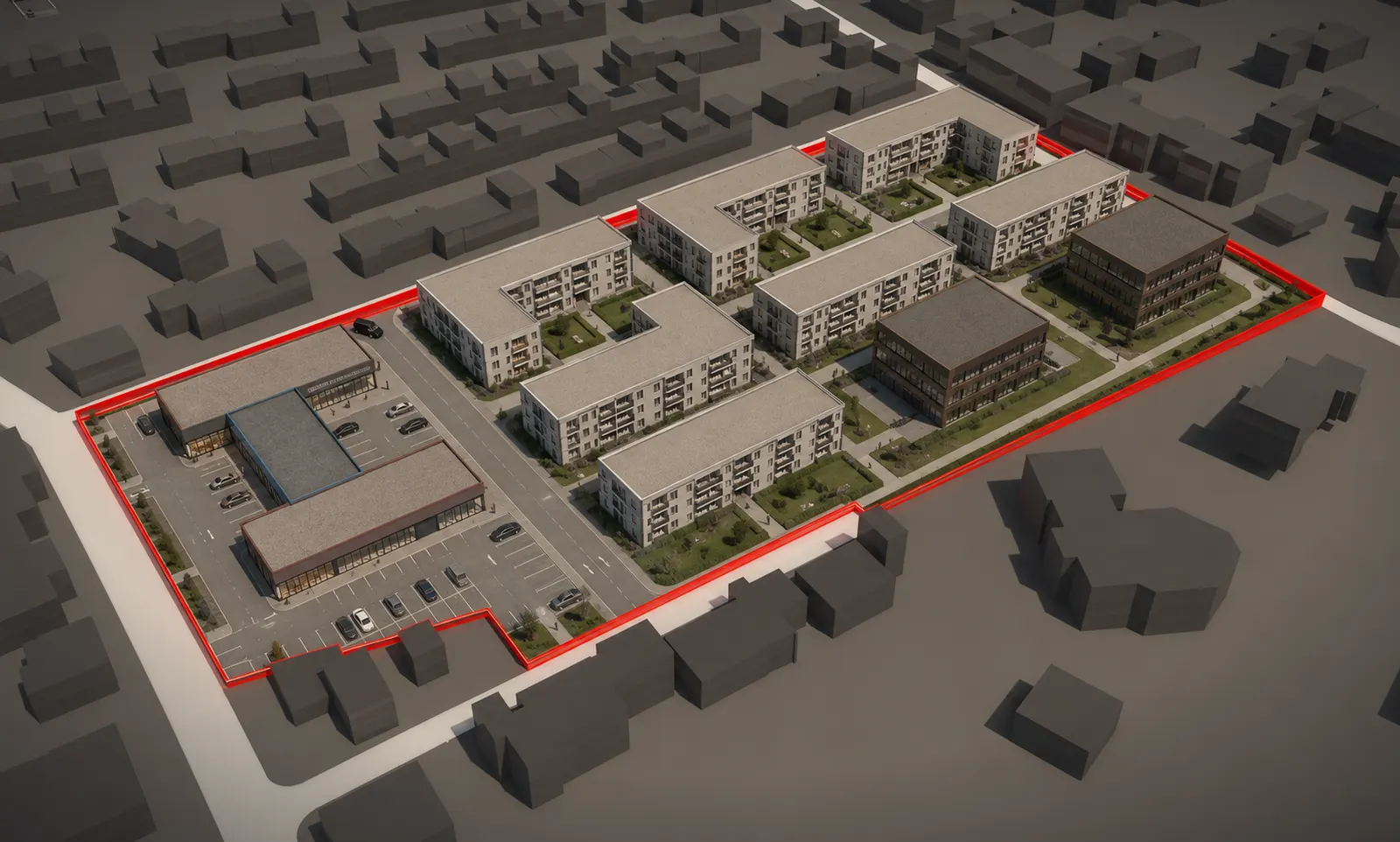 Render Variante 02 — Wohnen + Gewerbe (anonymisiert, rote Parzellenlinie)