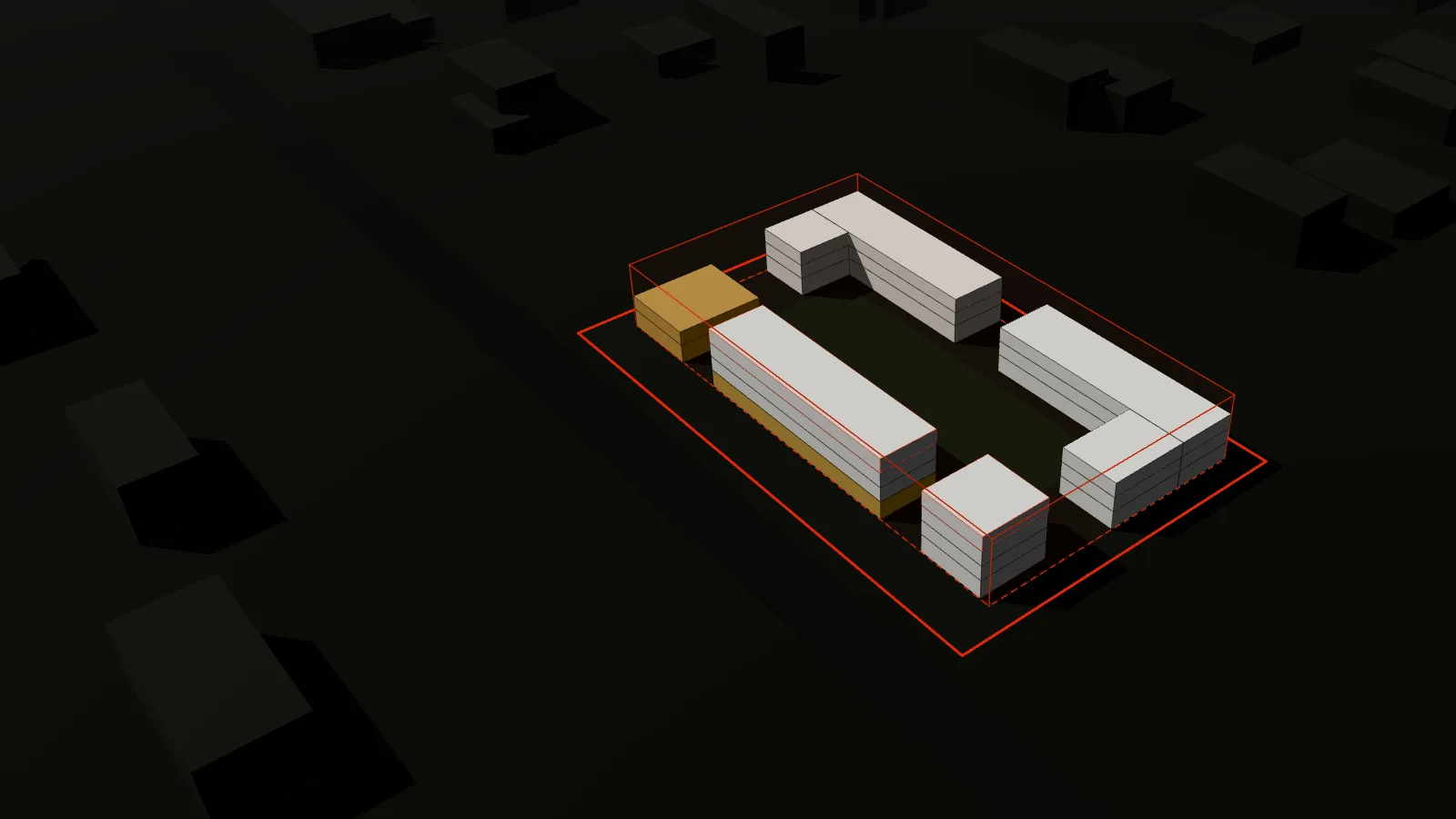 Schema einer Parzelle von 7'700 m²: Grenzabstände und zulässige Hülle, darin Wohn- und Gewerbebauten um einen Innenhof, Ausnutzung 96 %.